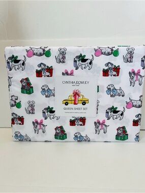 Cynthia Rowley Puppy Cheer Queen Size Sheet Set Presents Bows Ornaments Gifts